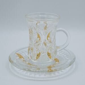 Alpine Cuisine Crystal Glass Turkish Coffee Cup & Saucer Gold Zafer